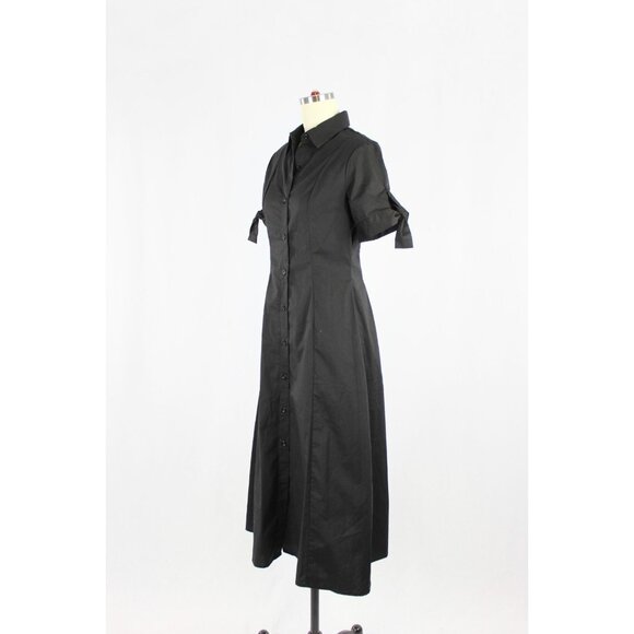 THEORY Black Stretch Cotton Poplin Tie Sleeve A-Line Midi Shirt Dress, Size M - Picture 4 of 16